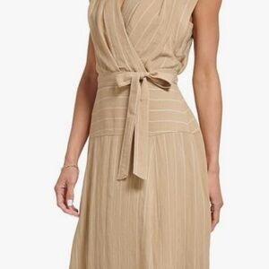 DKNY NEW Linen Blend Pin Stripe Faux Wrap Dress. Never Worn. Tan & White, s10.